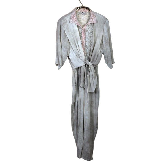 Vintage 80s On The Rocks Jumpsuit Lace Crinkle Wrinkle Tie Front - Picture 3 of 16